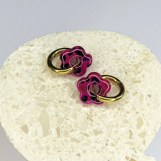 Boucles d'Oreilles Créoles Pampilles Small Fleurs - Léopard Rose Fuchsia