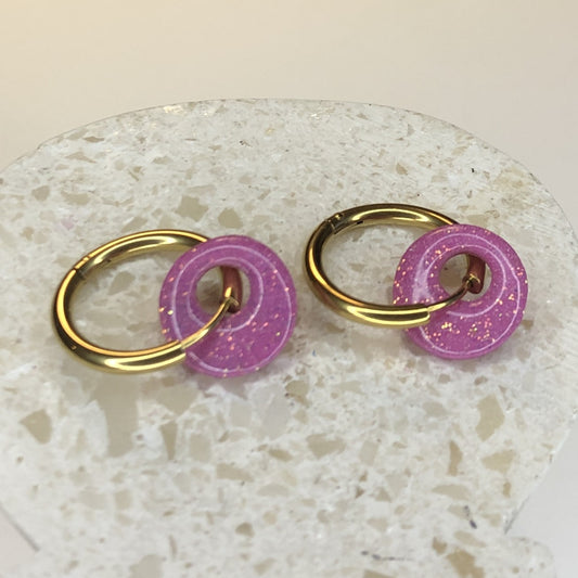 Boucles d'Oreilles Créoles Pampilles Small Rondes - Violet Lavande et Paillettes