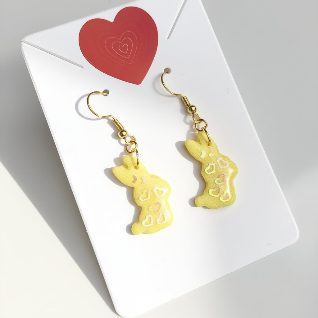 Boucles d'Oreilles Pendantes Lapins - Jaune Citron Pailleté