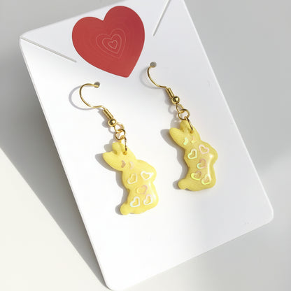 Boucles d'Oreilles Pendantes Lapins - Jaune Citron Pailleté