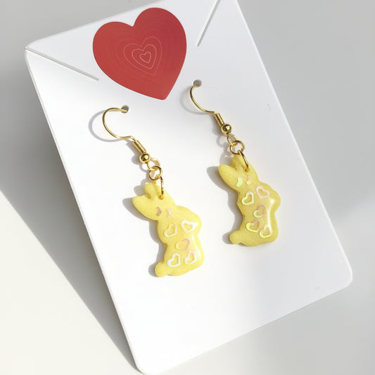 Boucles d'Oreilles Pendantes Lapins - Jaune Citron Pailleté