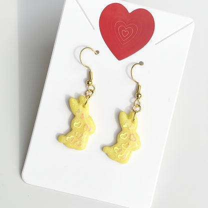 Boucles d'Oreilles Pendantes Lapins - Jaune Citron Pailleté