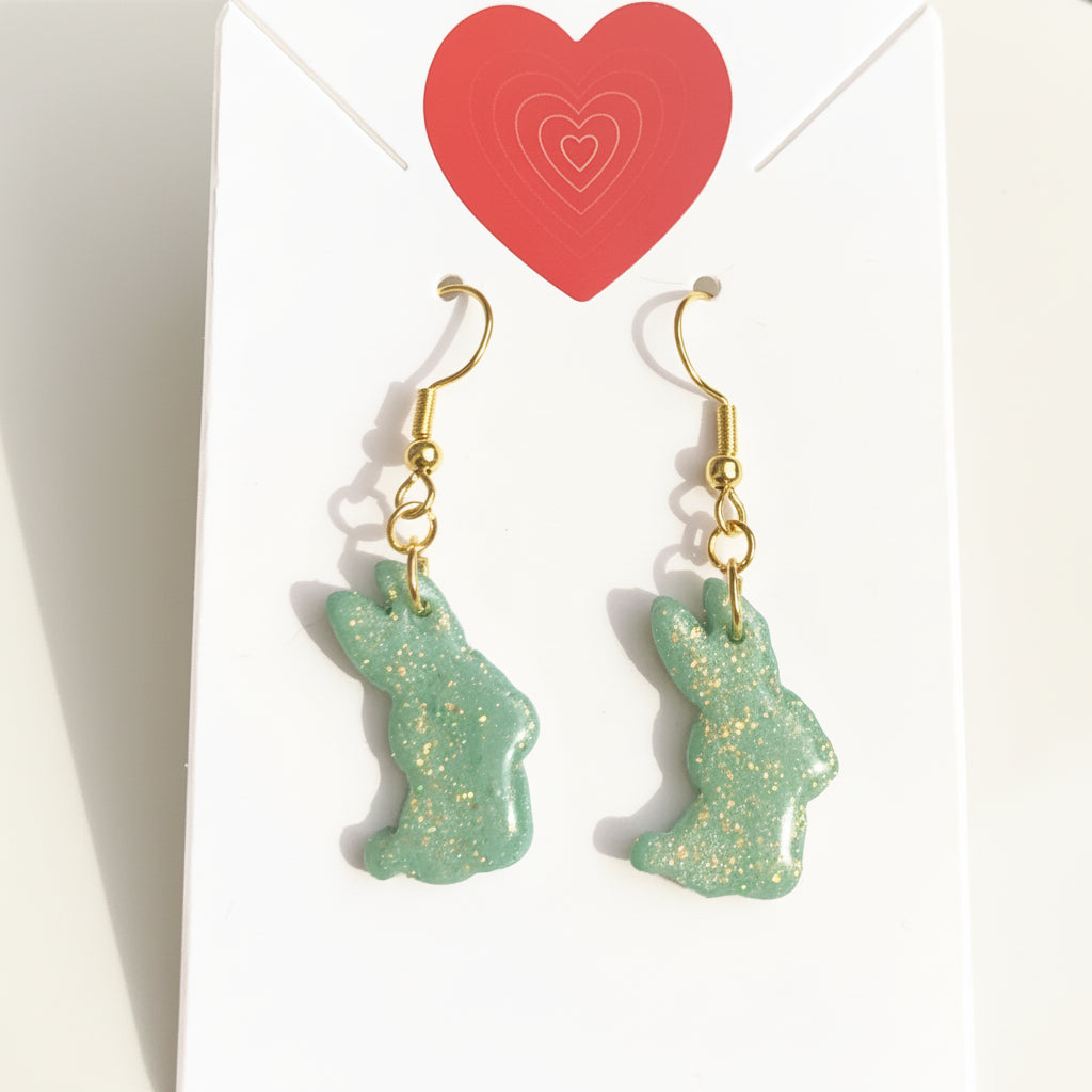Boucles d'Oreilles Pendantes Lapins - Vert Sauge Pailleté