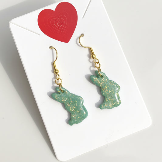 Boucles d'Oreilles Pendantes Lapins - Vert Sauge Pailleté