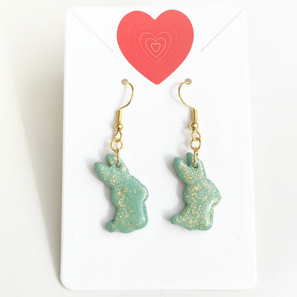 Boucles d'Oreilles Pendantes Lapins - Vert Sauge Pailleté