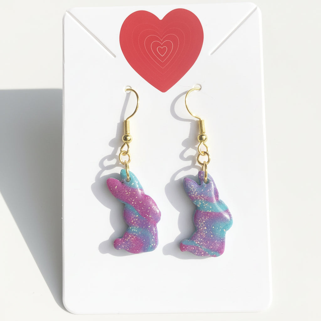 Boucles d'Oreilles Pendantes Lapins - Fuchsia Turquoise Pailleté