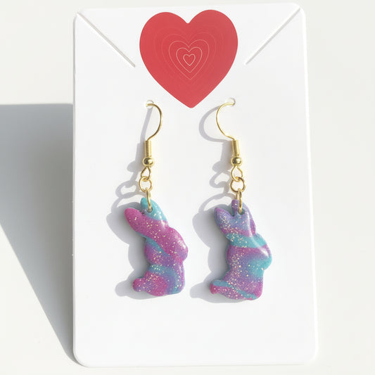 Boucles d'Oreilles Pendantes Lapins - Fuchsia Turquoise Pailleté