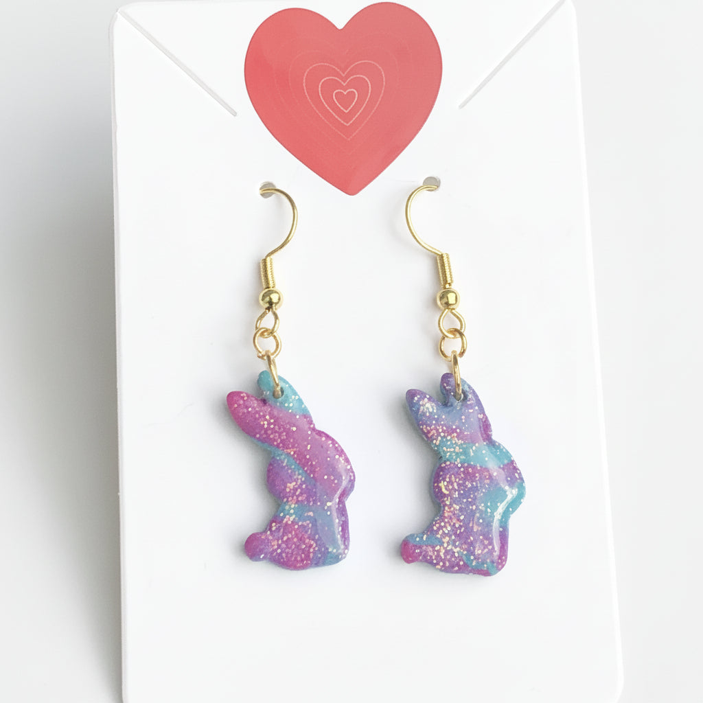 Boucles d'Oreilles Pendantes Lapins - Fuchsia Turquoise Pailleté