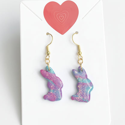 Boucles d'Oreilles Pendantes Lapins - Fuchsia Turquoise Pailleté