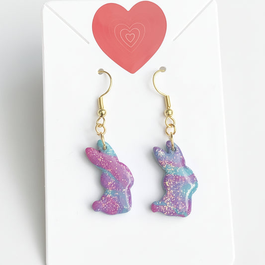 Boucles d'Oreilles Pendantes Lapins - Fuchsia Turquoise Pailleté
