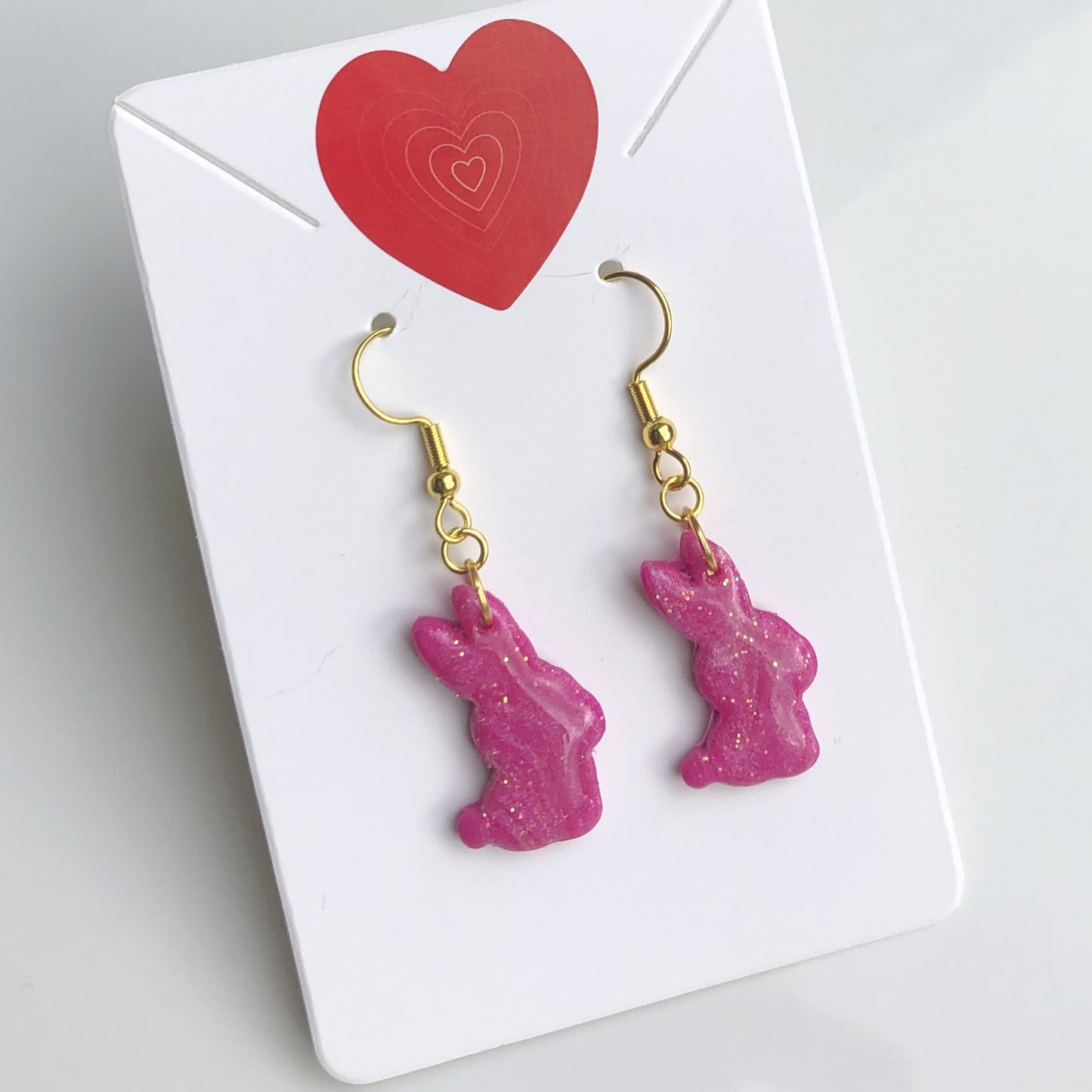 Boucles d'Oreilles Pendantes Lapins - Rose Framboise Pailleté