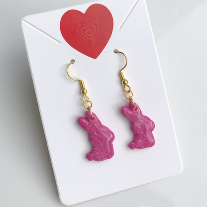 Boucles d'Oreilles Pendantes Lapins - Rose Framboise Pailleté