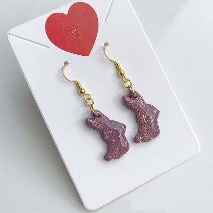 Boucles d'Oreilles Pendantes Lapins - Violet Prune Pailleté