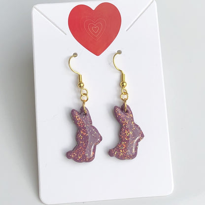 Boucles d'Oreilles Pendantes Lapins - Violet Prune Pailleté