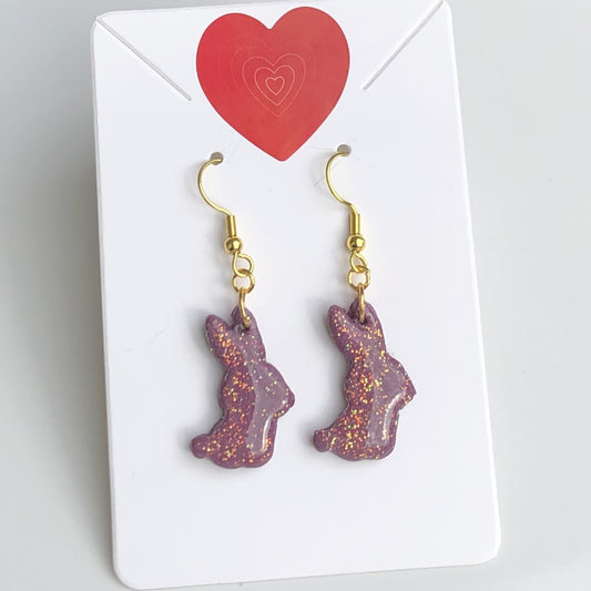 Boucles d'Oreilles Pendantes Lapins - Violet Prune Pailleté