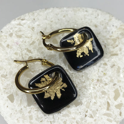 Boucles d'Oreilles Créoles Pampilles Carrées - Noir et Or