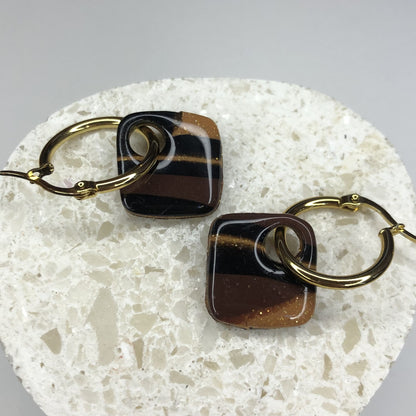 Boucles d'Oreilles Créoles Pampilles Carrées - Brun Rayé