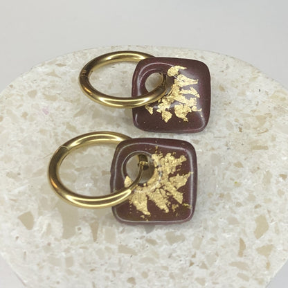 Boucles d'Oreilles Créoles Pampilles Carrées - Cassis et Or