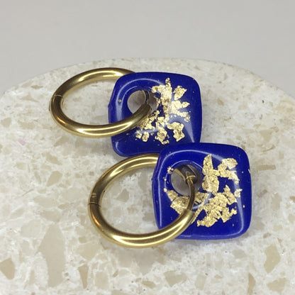 Boucles d'Oreilles Créoles Pampilles Carrées - Bleu Pacifique et Or