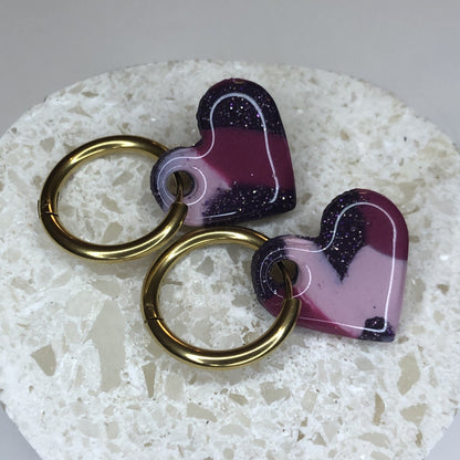 Boucles d'Oreilles Créoles Pampilles Cœurs - Noir, Rose Light et Bordeaux