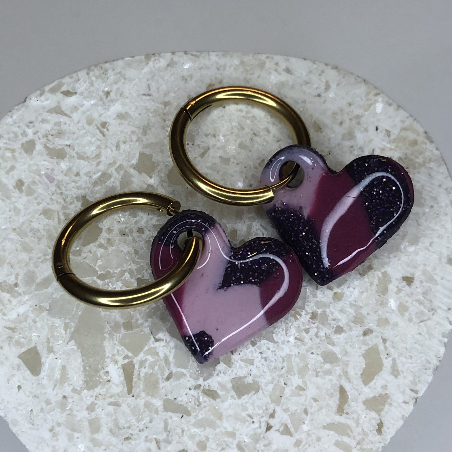 Boucles d'Oreilles Créoles Pampilles Cœurs - Noir, Rose Light et Bordeaux