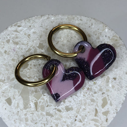 Boucles d'Oreilles Créoles Pampilles Cœurs - Noir, Rose Light et Bordeaux