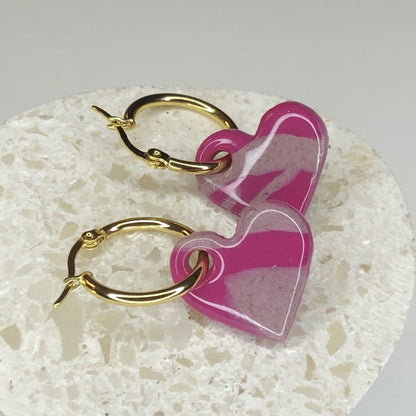 Boucles d'Oreilles Créoles Pampilles Cœurs - Rose Framboise et Rose Light