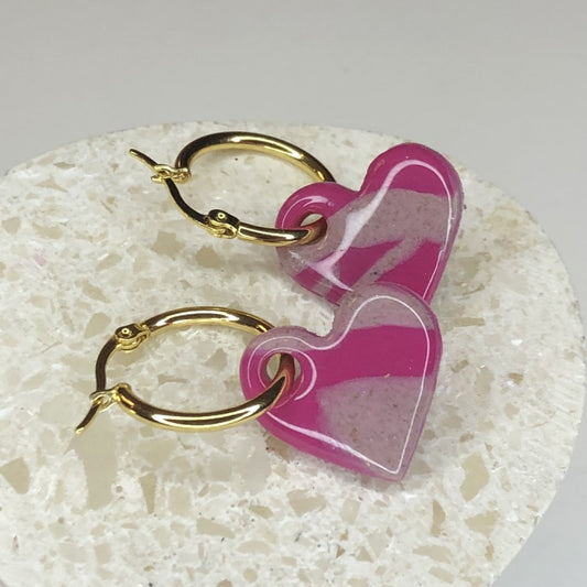 Boucles d'Oreilles Créoles Pampilles Cœurs - Rose Framboise et Rose Light