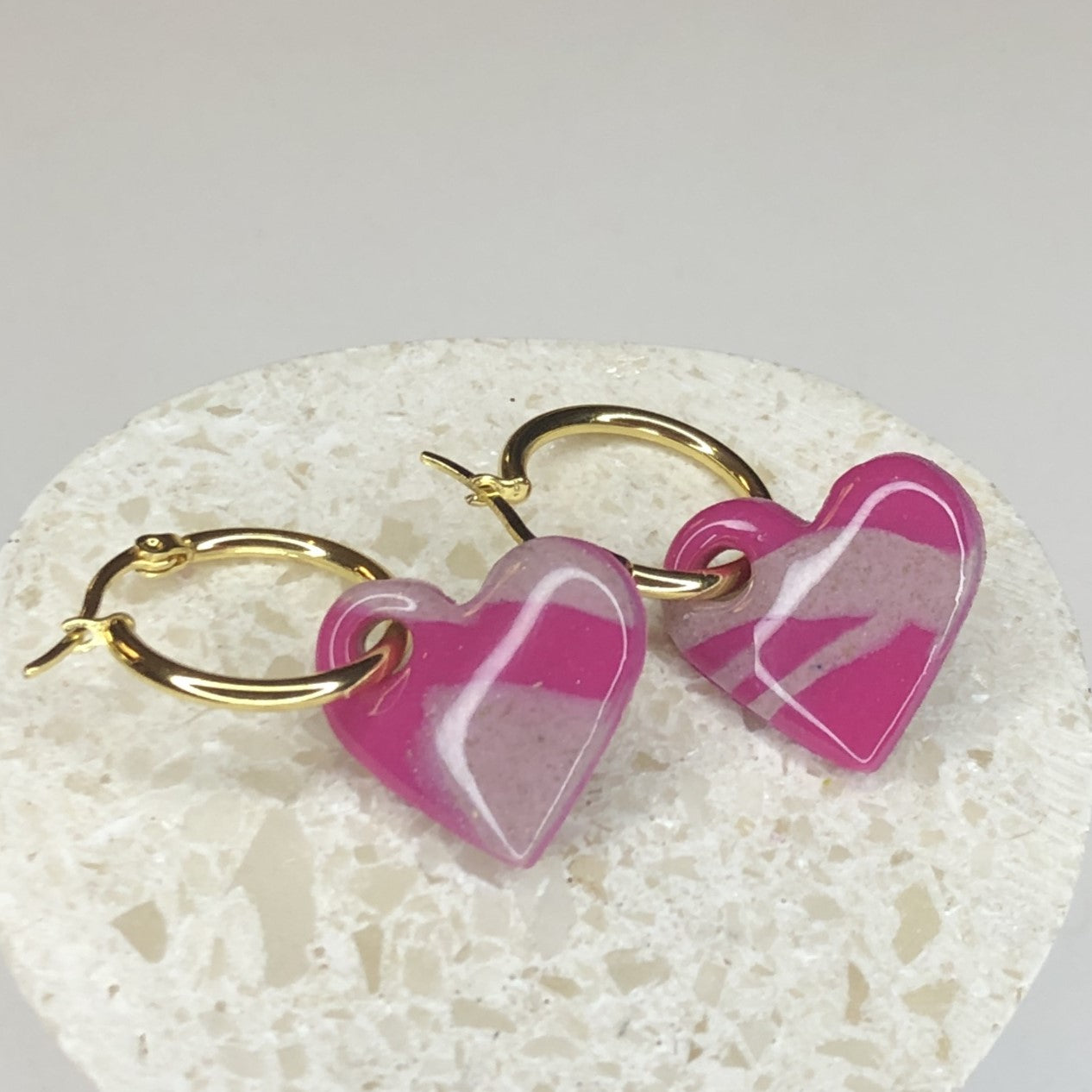 Boucles d'Oreilles Créoles Pampilles Cœurs - Rose Framboise et Rose Light