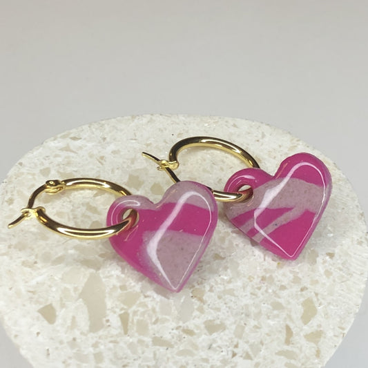 Boucles d'Oreilles Créoles Pampilles Cœurs - Rose Framboise et Rose Light