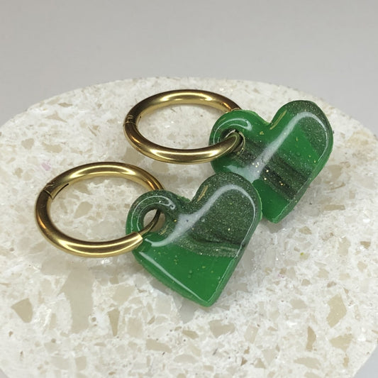 Boucles d'Oreilles Créoles Pampilles Cœurs - Vert Thé