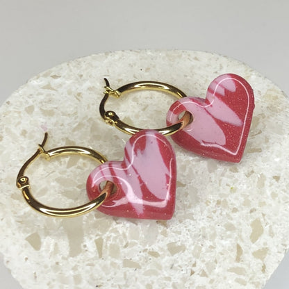 Boucles d'Oreilles Créoles Pampilles Cœurs - Rouge te Rose
