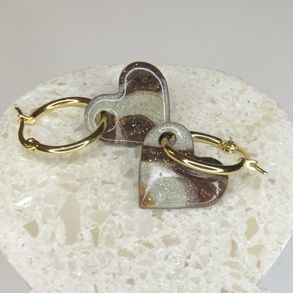 Boucles d'Oreilles Créoles Pampilles Cœurs - Brun et Blanc Nacré