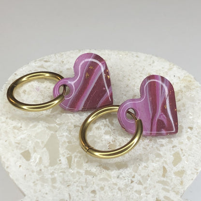 Boucles d'Oreilles Créoles Pampilles Cœurs - Lilas et Violet