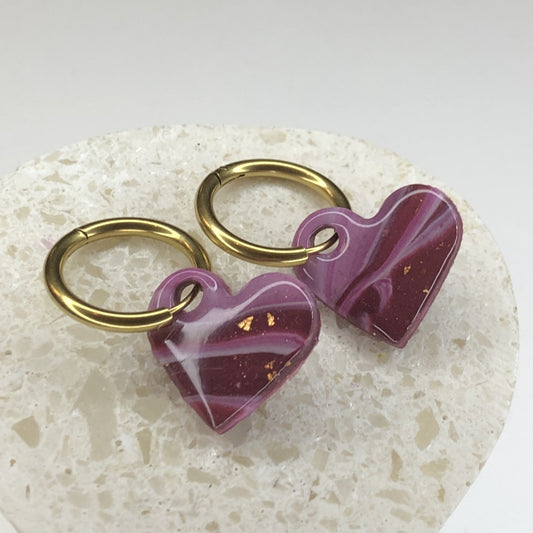 Boucles d'Oreilles Créoles Pampilles Cœurs - Lilas et Violet