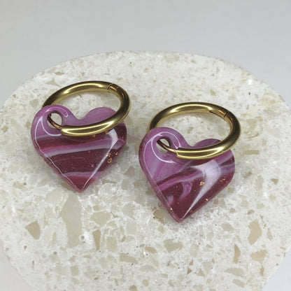 Boucles d'Oreilles Créoles Pampilles Cœurs - Lilas et Violet