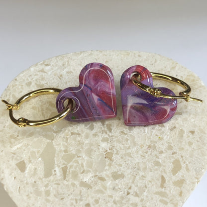 Boucles d'Oreilles Créoles Pampilles Cœurs - Violet et Bordeaux