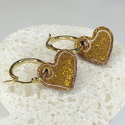 Boucles d'Oreilles Créoles Pampilles Cœurs - Beige Sable et Or