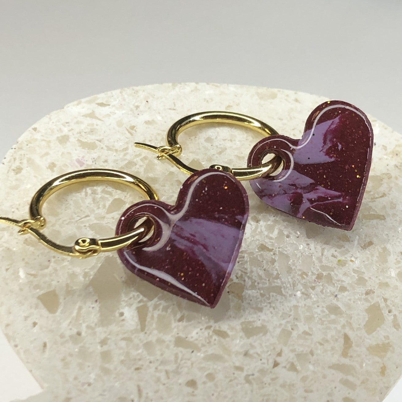 Boucles d'Oreilles Créoles Pampilles Cœurs - Terra Cotta Marbré
