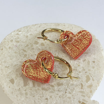 Boucles d'Oreilles Créoles Pampilles Cœurs - Rouge Anglais et Or