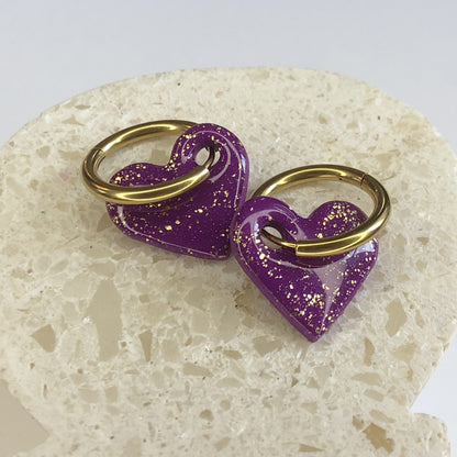 Boucles d'Oreilles Créoles Pampilles Cœurs - Violet Galaxie et Or