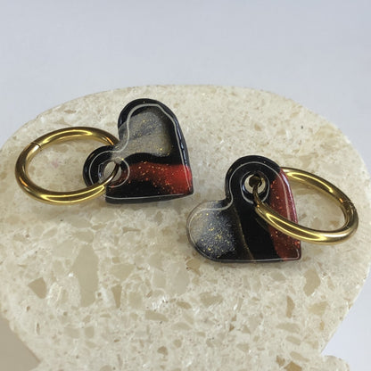 Boucles d'Oreilles Créoles Pampilles Cœurs - Noir, Rouge et Blanc