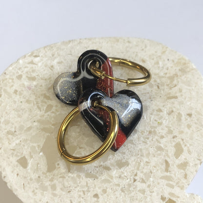 Boucles d'Oreilles Créoles Pampilles Cœurs - Noir, Rouge et Blanc