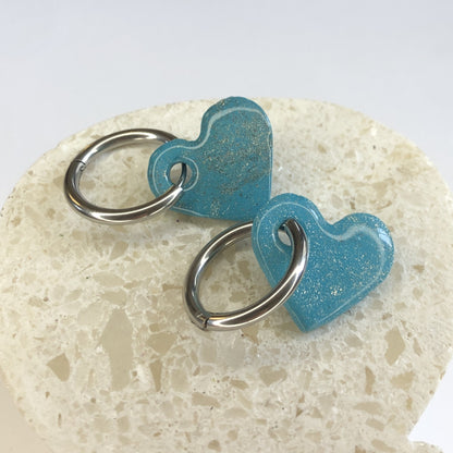 Boucles d'Oreilles Créoles Pampilles Cœurs - Bleu Turquoise et Argent