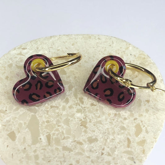 Boucles d'Oreilles Créoles Pampilles Cœurs - Léopard Fruits Rouges