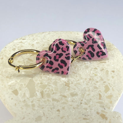 Boucles d'Oreilles Créoles Pampilles Cœurs - Léopard Rose Light