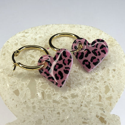 Boucles d'Oreilles Créoles Pampilles Cœurs - Léopard Rose Light