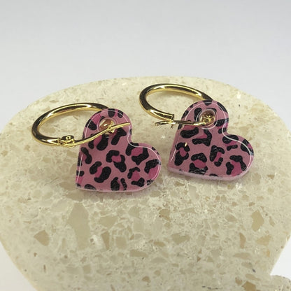 Boucles d'Oreilles Créoles Pampilles Cœurs - Léopard Rose Light