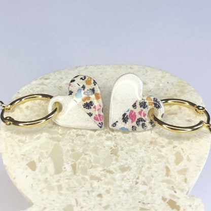 Boucles d'Oreilles Créoles Pampilles Cœurs - Duo Blanc Nacré et Léopard