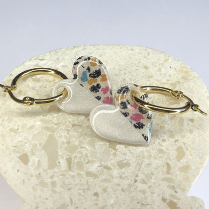 Boucles d'Oreilles Créoles Pampilles Cœurs - Duo Blanc Nacré et Léopard
